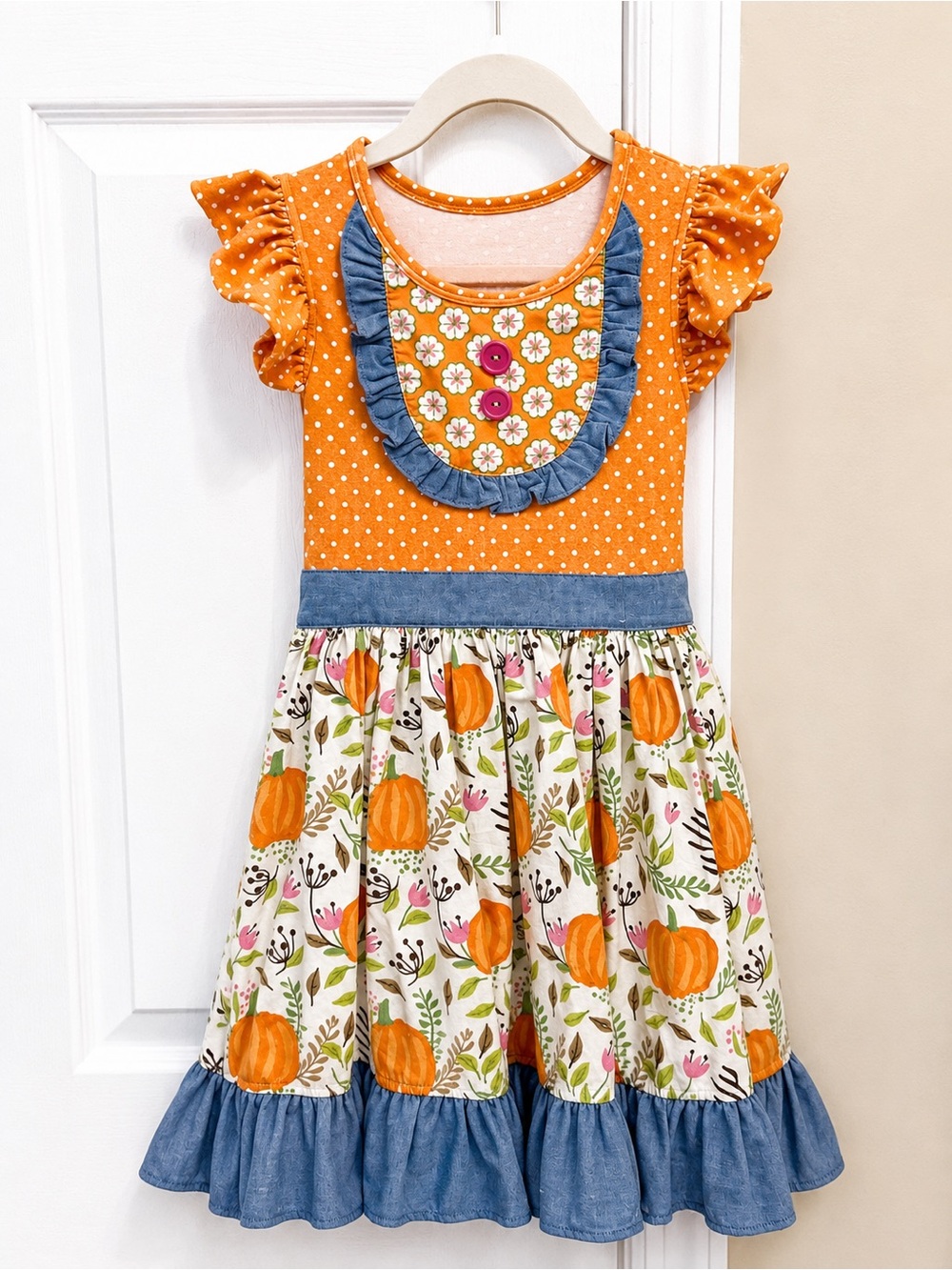 Matilda Jane- Girls Size 5/6- Orange Pumpkin Print Fall Ruffle Dress - Denim Tri